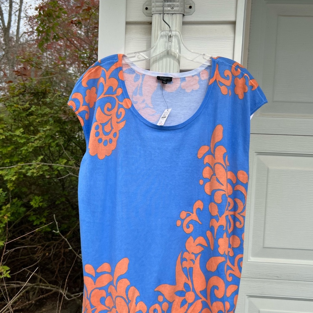 NWT Talbots Pretty Blue Orange Floral Scroll Scoop Neck Short Sleeve Sweater - Picture 4 of 4